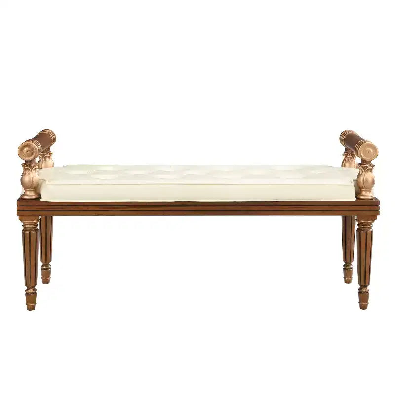 Mid-Century Modern Rubberwood Faux Leather Upholstered Button Tufted Bench