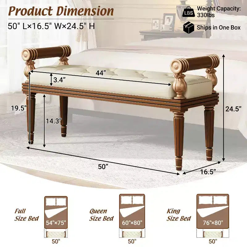 Mid-Century Modern Rubberwood Faux Leather Upholstered Button Tufted Bench