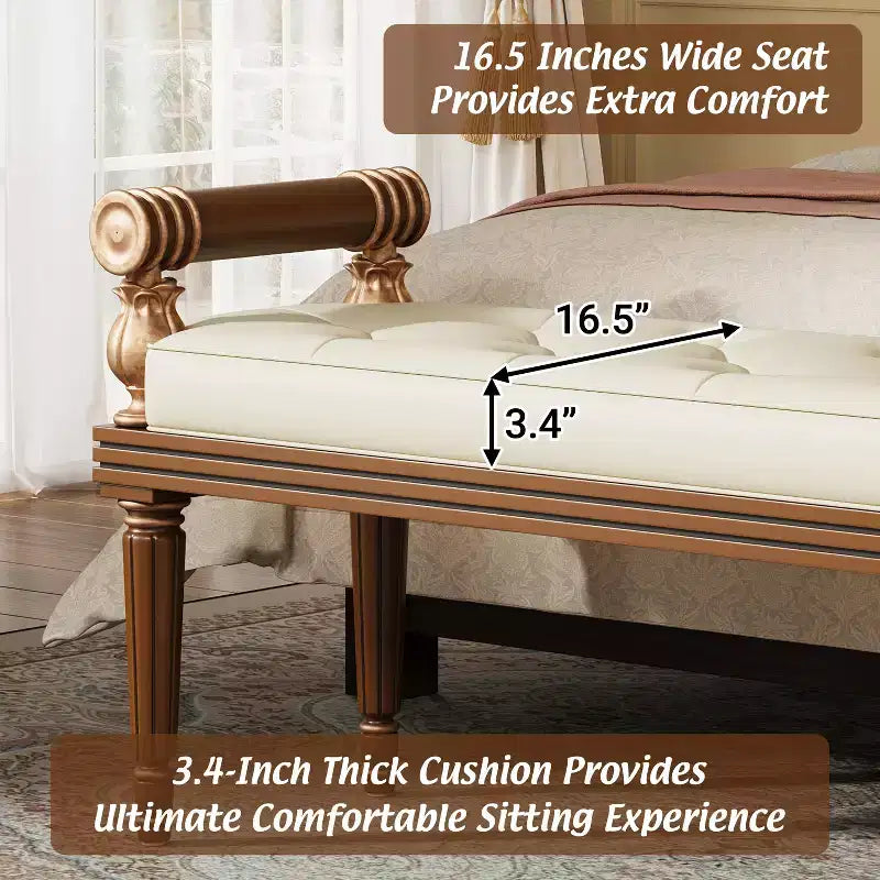 Mid-Century Modern Rubberwood Faux Leather Upholstered Button Tufted Bench
