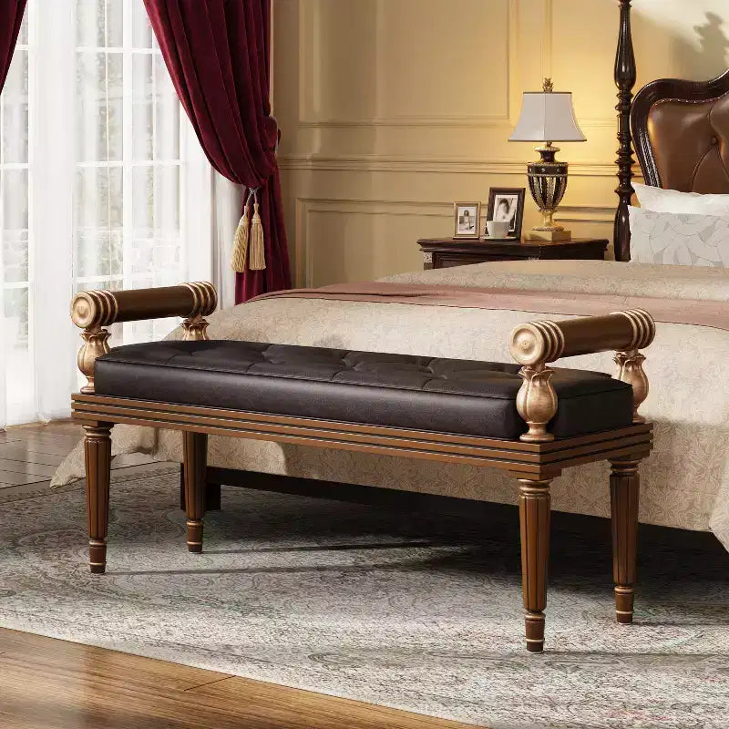 Mid-Century Modern Rubberwood Faux Leather Upholstered Button Tufted Bench