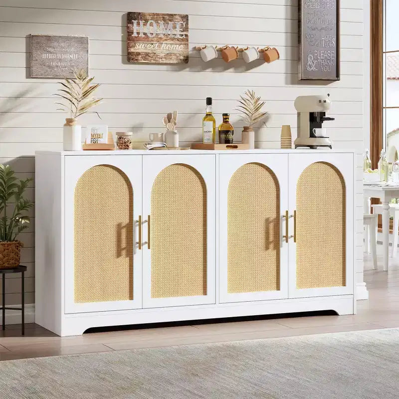 Sideboard Buffet Cabinet with 4 Rattan Doors, Large Credenza Storage Console Table