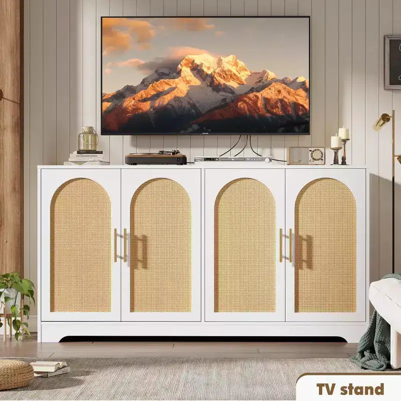 Sideboard Buffet Cabinet with 4 Rattan Doors, Large Credenza Storage Console Table