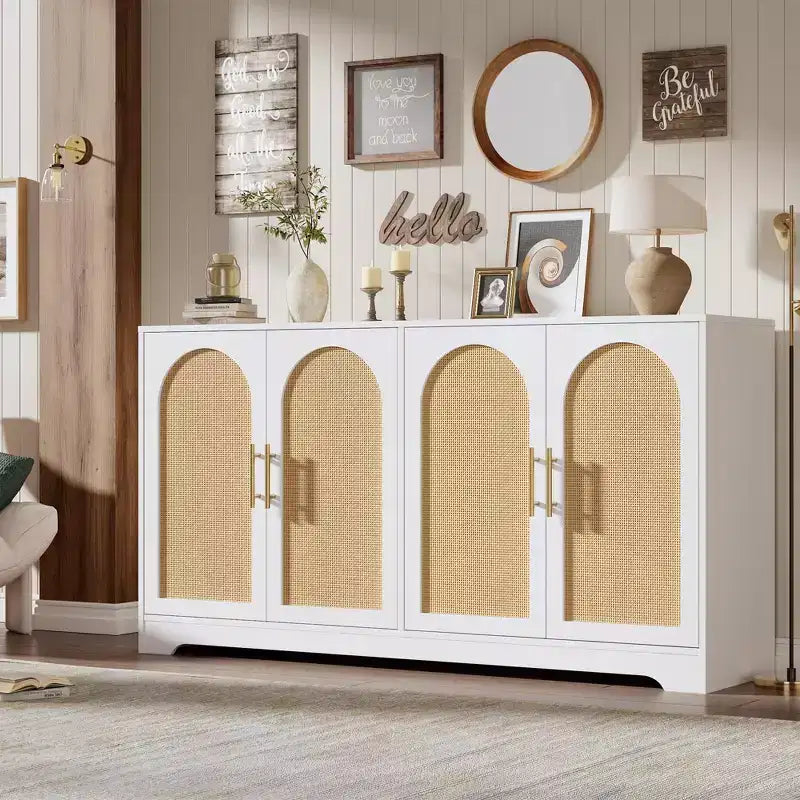 Sideboard Buffet Cabinet with 4 Rattan Doors, Large Credenza Storage Console Table