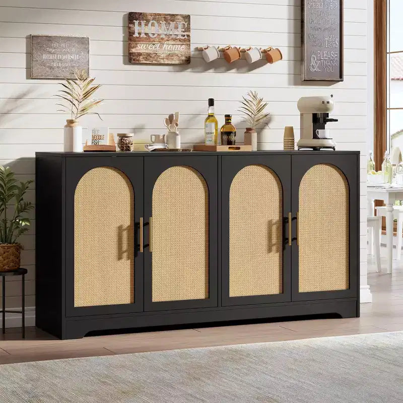 Sideboard Buffet Cabinet with 4 Rattan Doors, Large Credenza Storage Console Table
