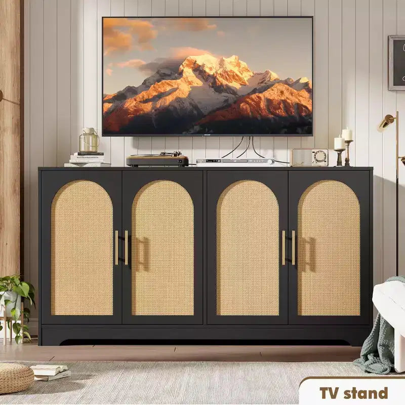Sideboard Buffet Cabinet with 4 Rattan Doors, Large Credenza Storage Console Table