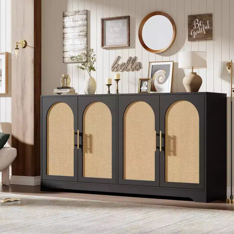 Sideboard Buffet Cabinet with 4 Rattan Doors, Large Credenza Storage Console Table