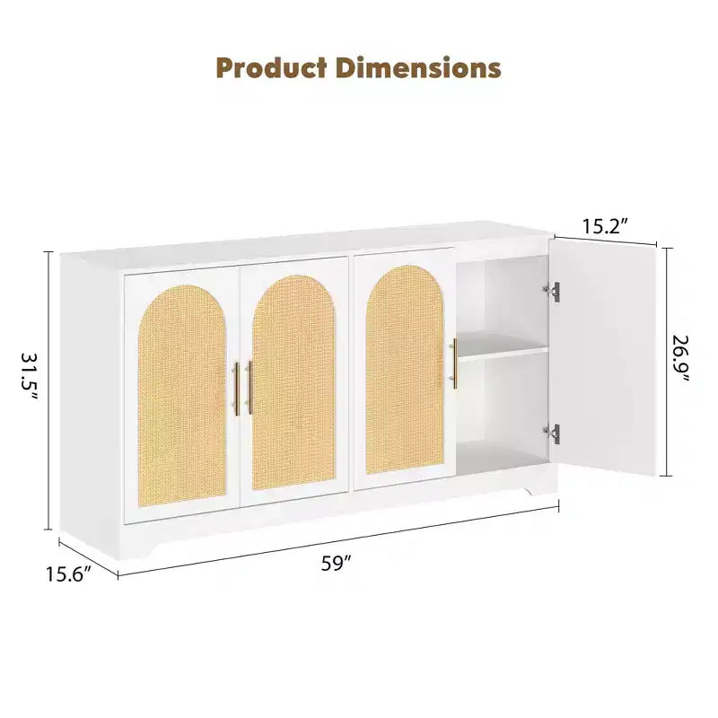 Sideboard Buffet Cabinet with 4 Rattan Doors, Large Credenza Storage Console Table
