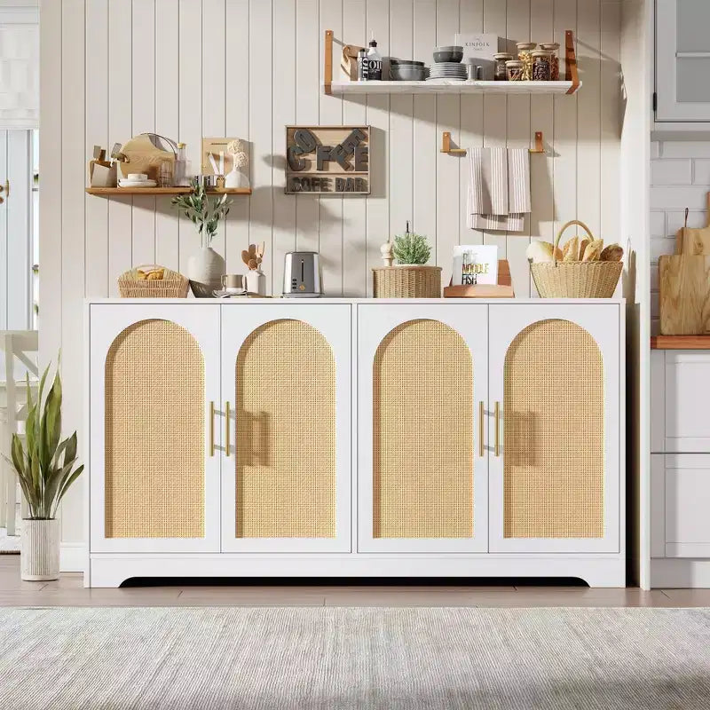 Sideboard Buffet Cabinet with 4 Rattan Doors, Large Credenza Storage Console Table