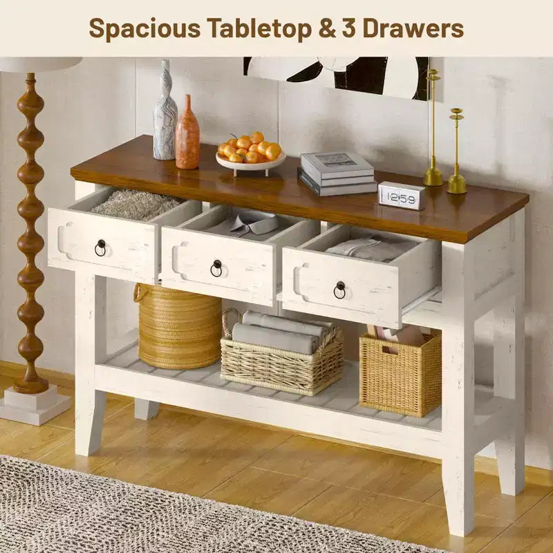 47 Console Table with Drawers, Farmhouse Rustic Entryway Table with Bottom Shelf and Solid Wood Legs