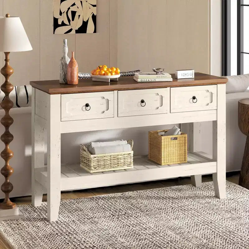 47 Console Table with Drawers, Farmhouse Rustic Entryway Table with Bottom Shelf and Solid Wood Legs