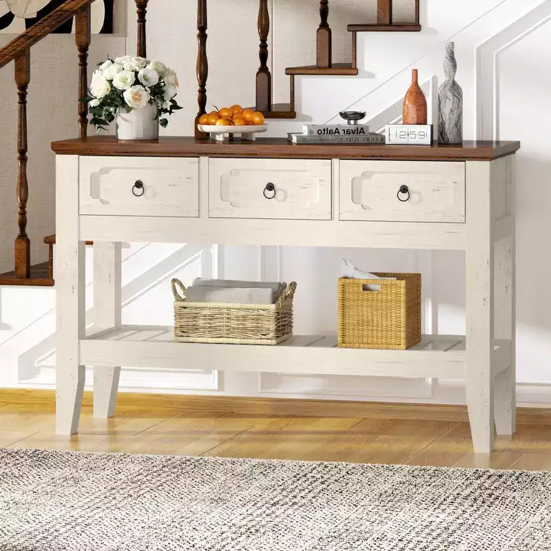 47 Console Table with Drawers, Farmhouse Rustic Entryway Table with Bottom Shelf and Solid Wood Legs