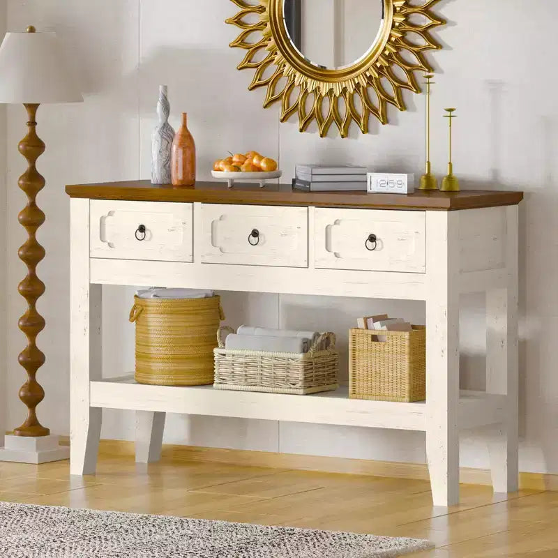 47 Console Table with Drawers, Farmhouse Rustic Entryway Table with Bottom Shelf and Solid Wood Legs