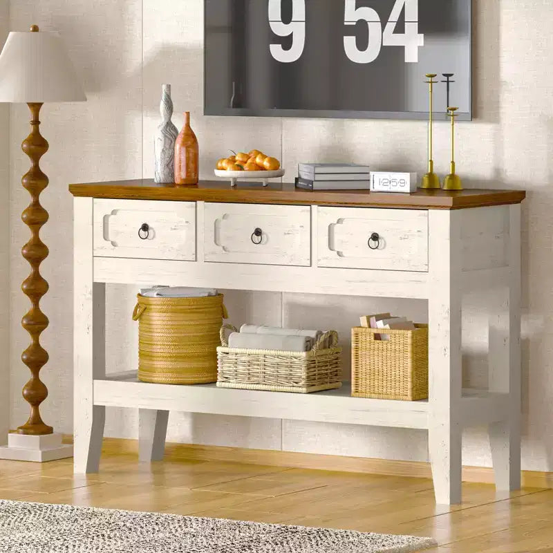 47 Console Table with Drawers, Farmhouse Rustic Entryway Table with Bottom Shelf and Solid Wood Legs