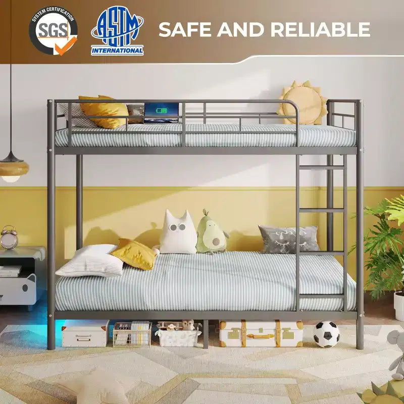 Bunk Bed with Dimmable LED Strip Lights, USB Charging Ports, Trundle & Convertible to 2 Beds