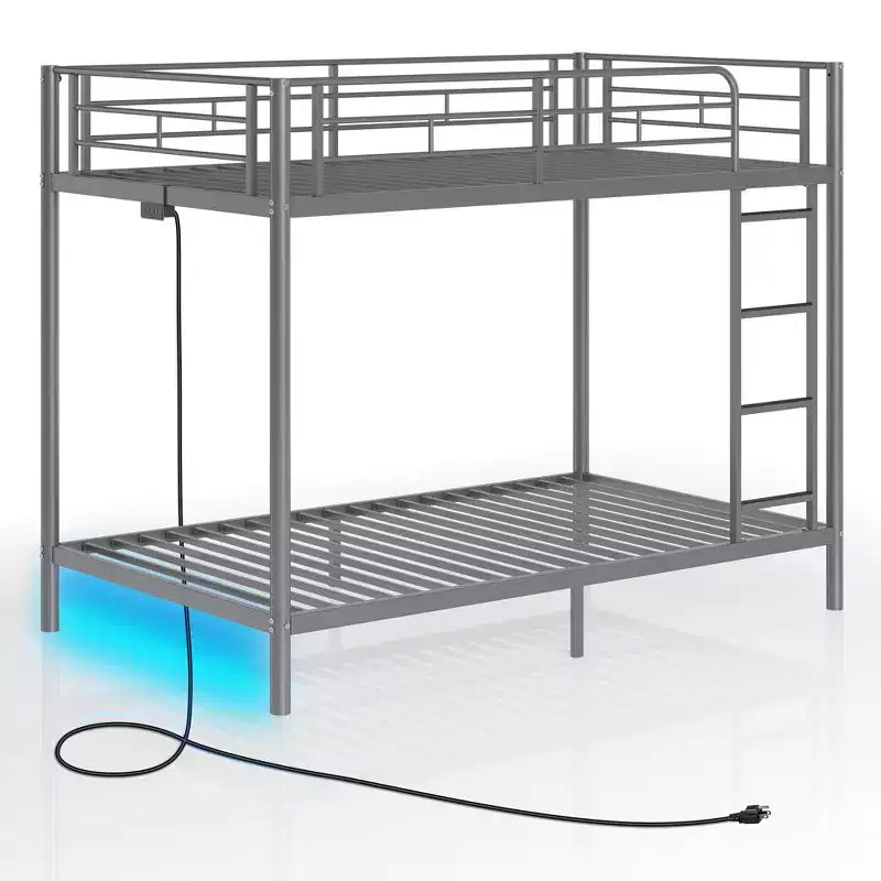 Bunk Bed with Dimmable LED Strip Lights, USB Charging Ports, Trundle & Convertible to 2 Beds