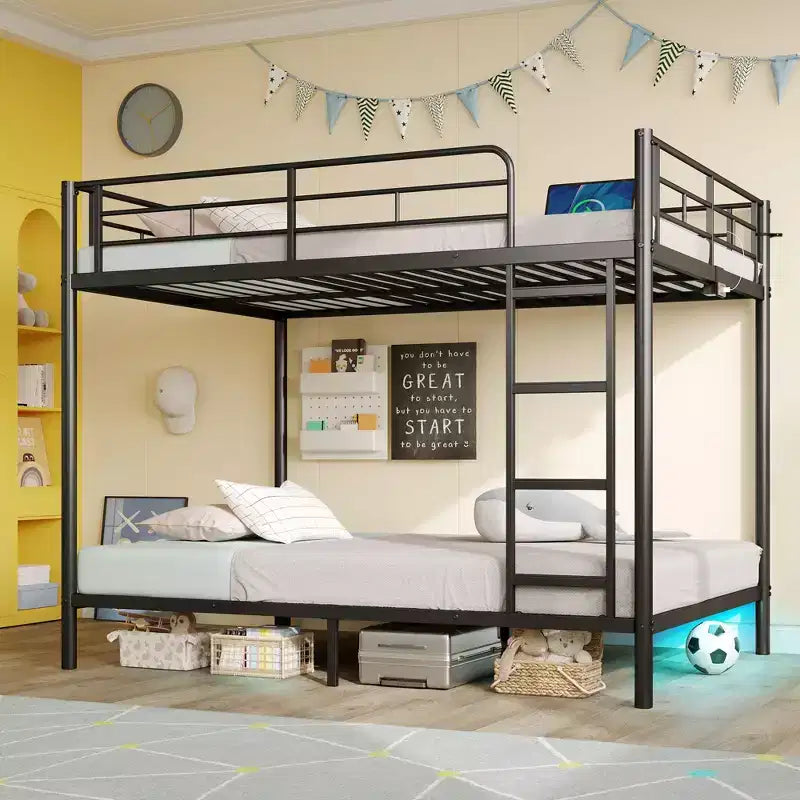 Bunk Bed with Dimmable LED Strip Lights, USB Charging Ports, Trundle & Convertible to 2 Beds
