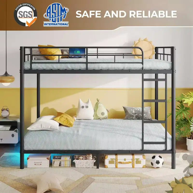 Bunk Bed with Dimmable LED Strip Lights, USB Charging Ports, Trundle & Convertible to 2 Beds