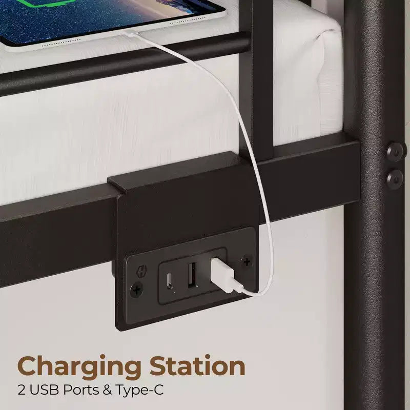 Bunk Bed with Dimmable LED Strip Lights, USB Charging Ports, Trundle & Convertible to 2 Beds
