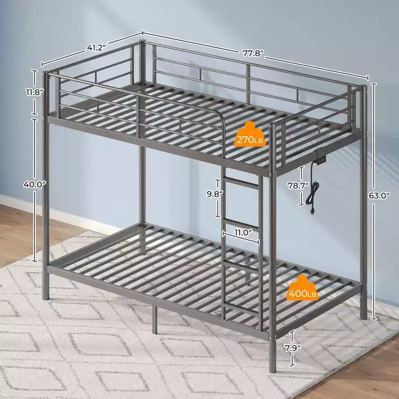 Bunk Bed with Dimmable LED Strip Lights, USB Charging Ports, Trundle & Convertible to 2 Beds