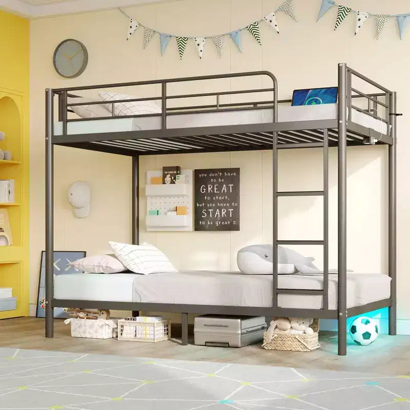 Bunk Bed with Dimmable LED Strip Lights, USB Charging Ports, Trundle & Convertible to 2 Beds