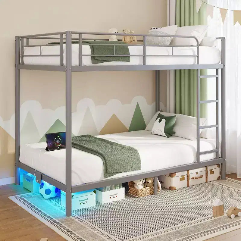 Bunk Bed with Dimmable LED Strip Lights, USB Charging Ports, Trundle & Convertible to 2 Beds