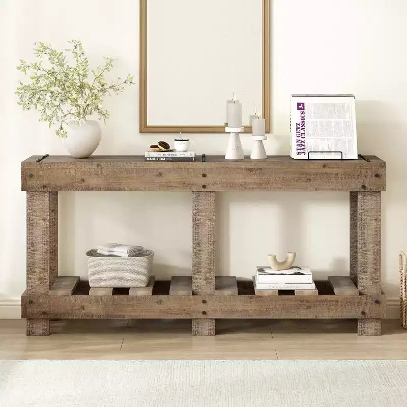 Vintage Console Table with Bottom Shelf & 6 Legs, 63 Inch Entryway Sofa Table with Metal Rivet Decor