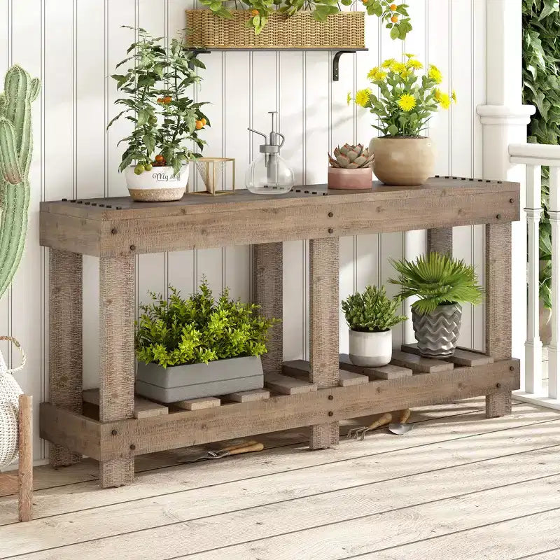 Vintage Console Table with Bottom Shelf & 6 Legs, 63 Inch Entryway Sofa Table with Metal Rivet Decor