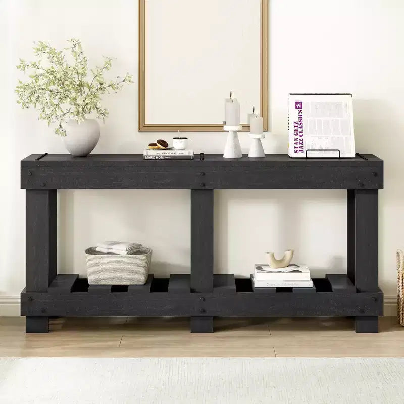 Vintage Console Table with Bottom Shelf & 6 Legs, 63 Inch Entryway Sofa Table with Metal Rivet Decor