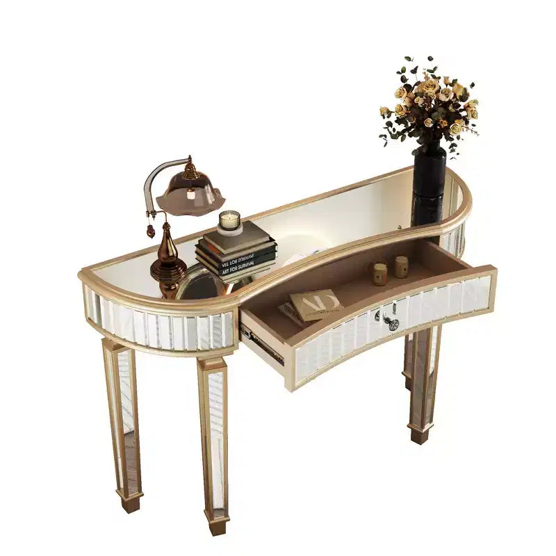 47 Mirrored Console Table with 2 Drawers, Fluted Glass Half Moon Entryway Table with Crystal Knob