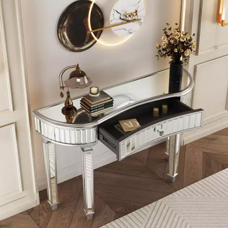 47 Mirrored Console Table with 2 Drawers, Fluted Glass Half Moon Entryway Table with Crystal Knob