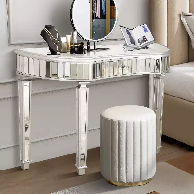 47 Mirrored Console Table with 2 Drawers, Fluted Glass Half Moon Entryway Table with Crystal Knob