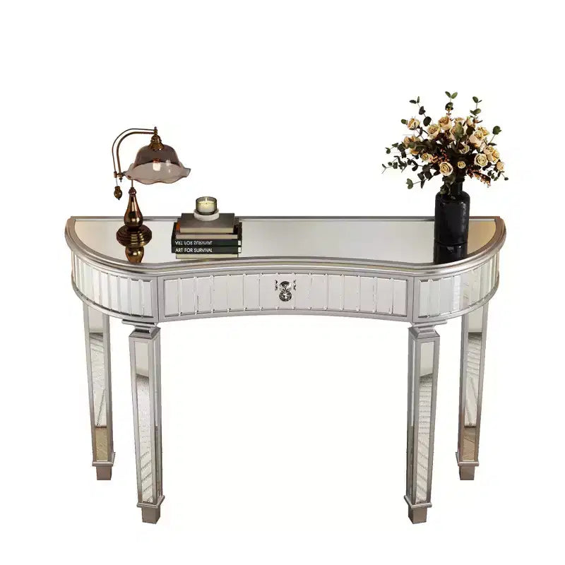 47 Mirrored Console Table with 2 Drawers, Fluted Glass Half Moon Entryway Table with Crystal Knob