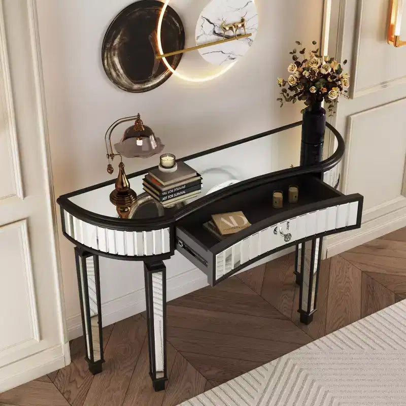 47 Mirrored Console Table with 2 Drawers, Fluted Glass Half Moon Entryway Table with Crystal Knob