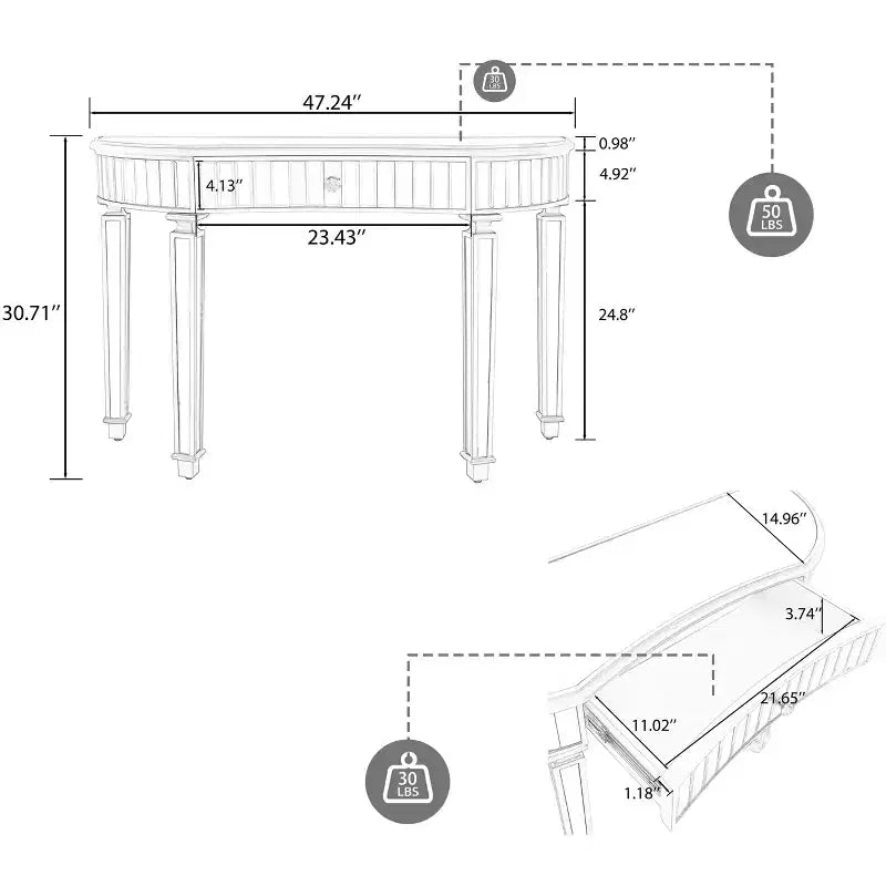 47 Mirrored Console Table with 2 Drawers, Fluted Glass Half Moon Entryway Table with Crystal Knob