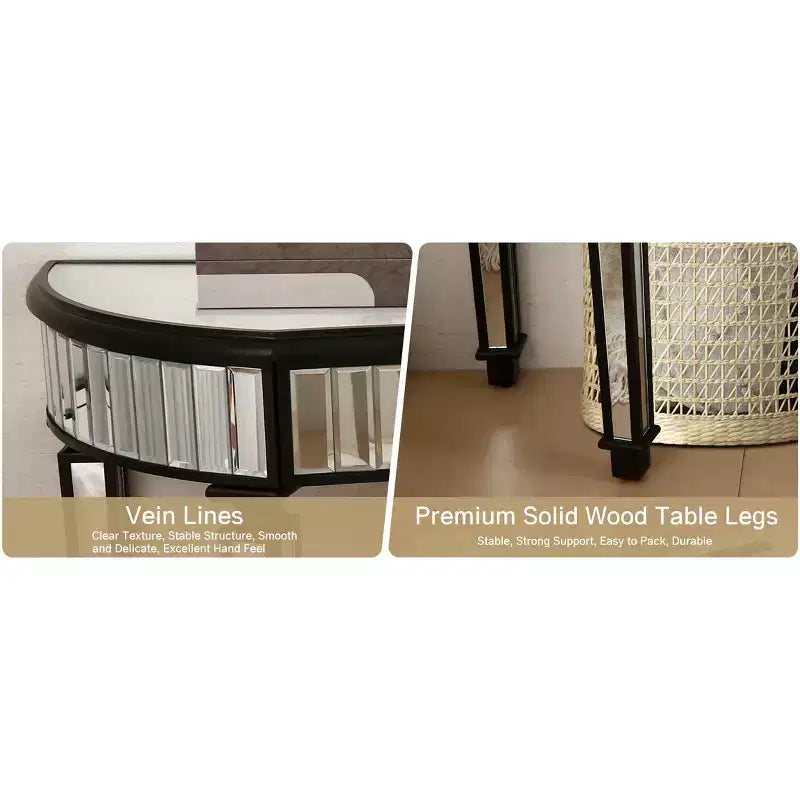 47 Mirrored Console Table with 2 Drawers, Fluted Glass Half Moon Entryway Table with Crystal Knob