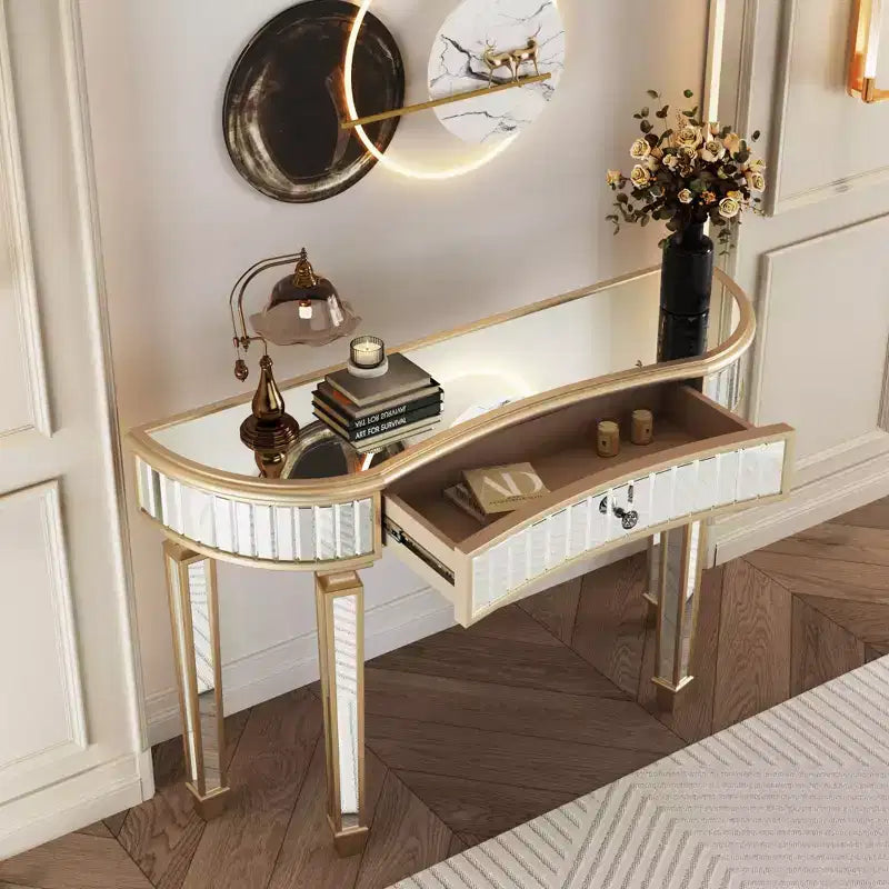 47 Mirrored Console Table with 2 Drawers, Fluted Glass Half Moon Entryway Table with Crystal Knob