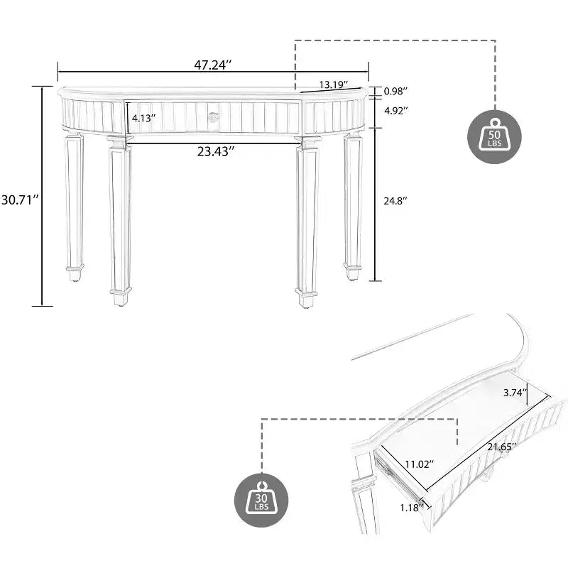 47 Mirrored Console Table with 2 Drawers, Fluted Glass Half Moon Entryway Table with Crystal Knob