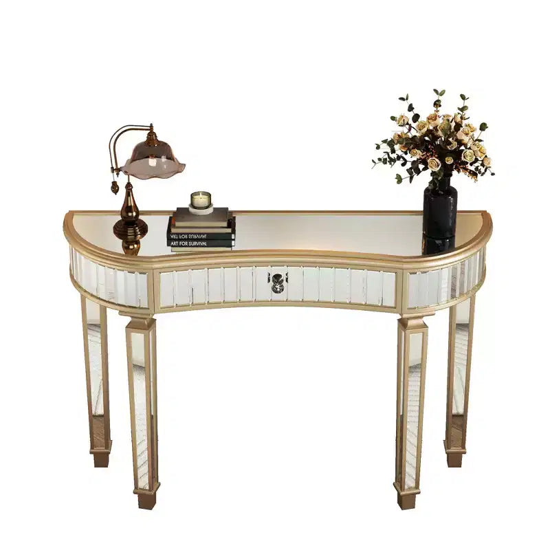 47 Mirrored Console Table with 2 Drawers, Fluted Glass Half Moon Entryway Table with Crystal Knob