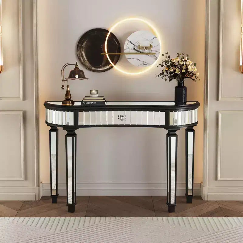 47 Mirrored Console Table with 2 Drawers, Fluted Glass Half Moon Entryway Table with Crystal Knob