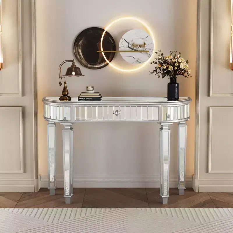 47 Mirrored Console Table with 2 Drawers, Fluted Glass Half Moon Entryway Table with Crystal Knob