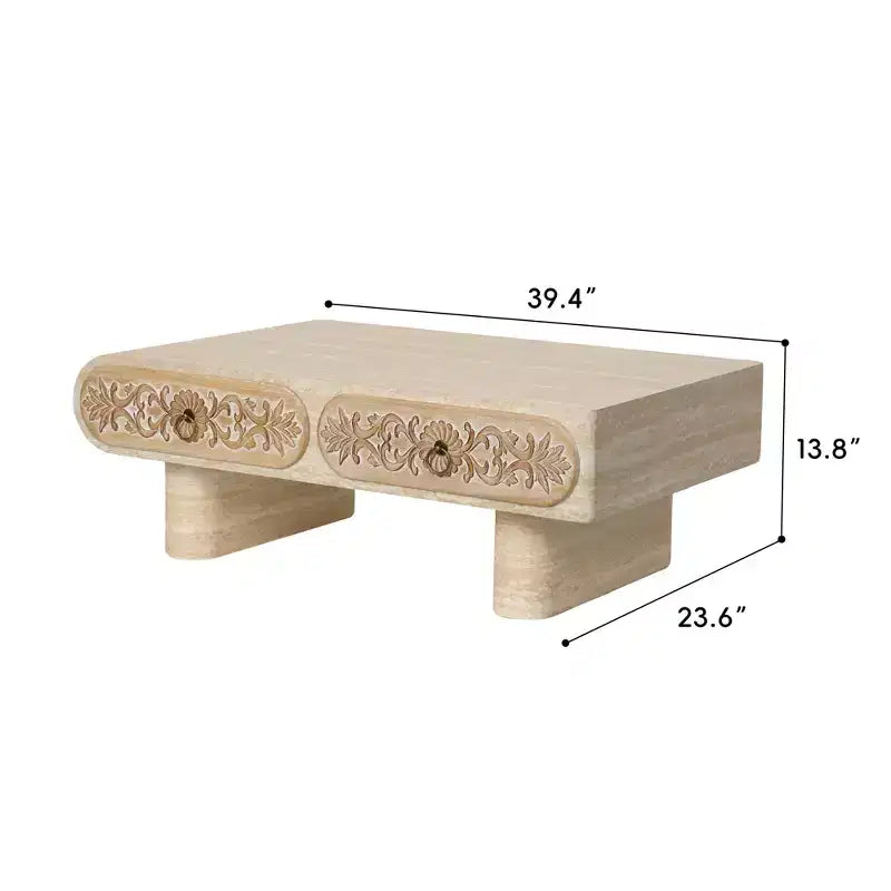 Modern Rounded Edge Coffee Table with Floral Drawer