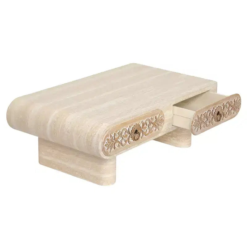 Modern Rounded Edge Coffee Table with Floral Drawer