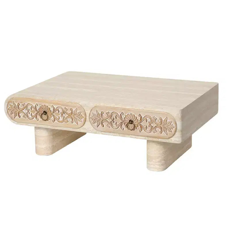 Modern Rounded Edge Coffee Table with Floral Drawer