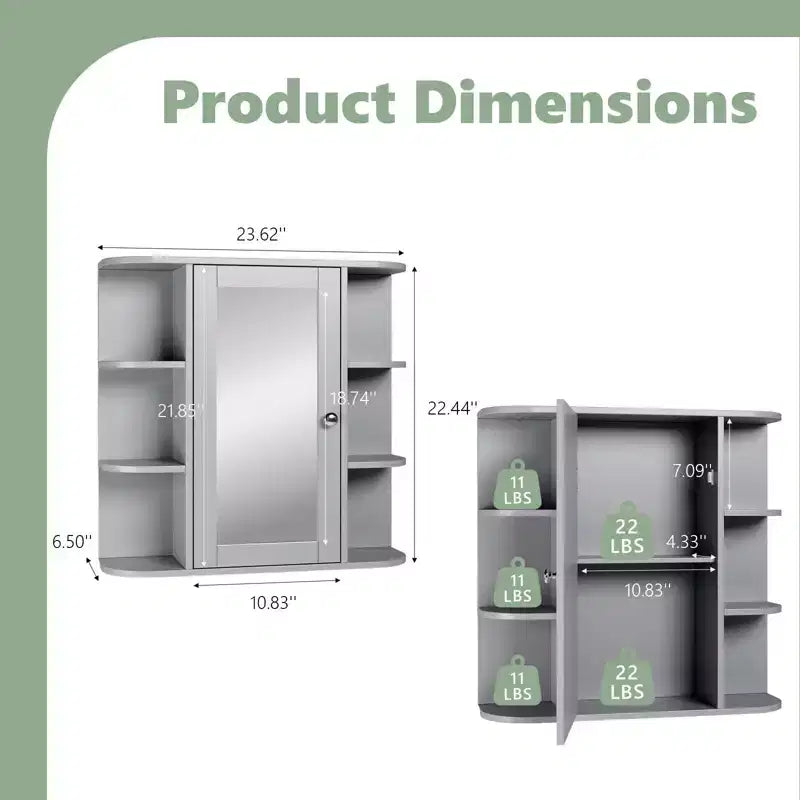 Bathroom Wall Cabinet with Mirror Door and 3 Shelves