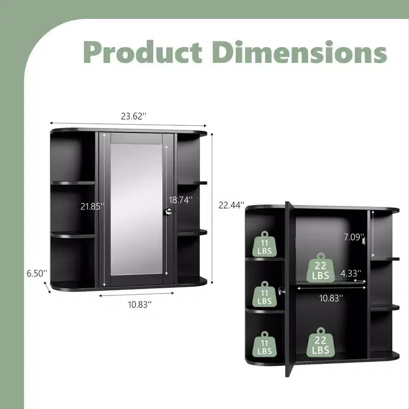 Bathroom Wall Cabinet with Mirror Door and 3 Shelves