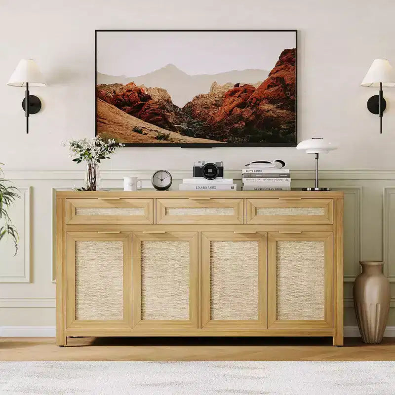 63 Sideboard Buffet Cabinet, Rattan Coffee Bar Cabinet with 3 Drawers, Wooden Media Console Table, Accent Credenza for Living Room Kitchen