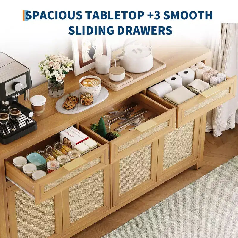 63 Sideboard Buffet Cabinet, Rattan Coffee Bar Cabinet with 3 Drawers, Wooden Media Console Table, Accent Credenza for Living Room Kitchen