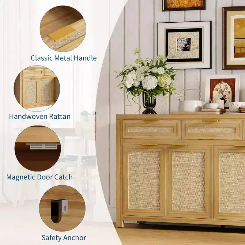 63 Sideboard Buffet Cabinet, Rattan Coffee Bar Cabinet with 3 Drawers, Wooden Media Console Table, Accent Credenza for Living Room Kitchen