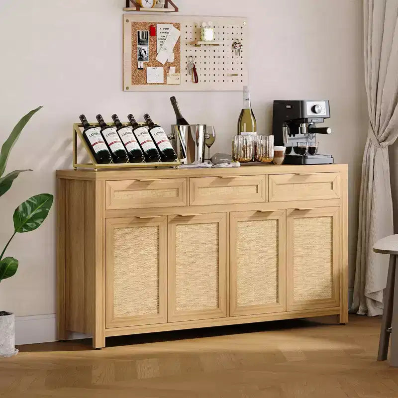 63 Sideboard Buffet Cabinet, Rattan Coffee Bar Cabinet with 3 Drawers, Wooden Media Console Table, Accent Credenza for Living Room Kitchen