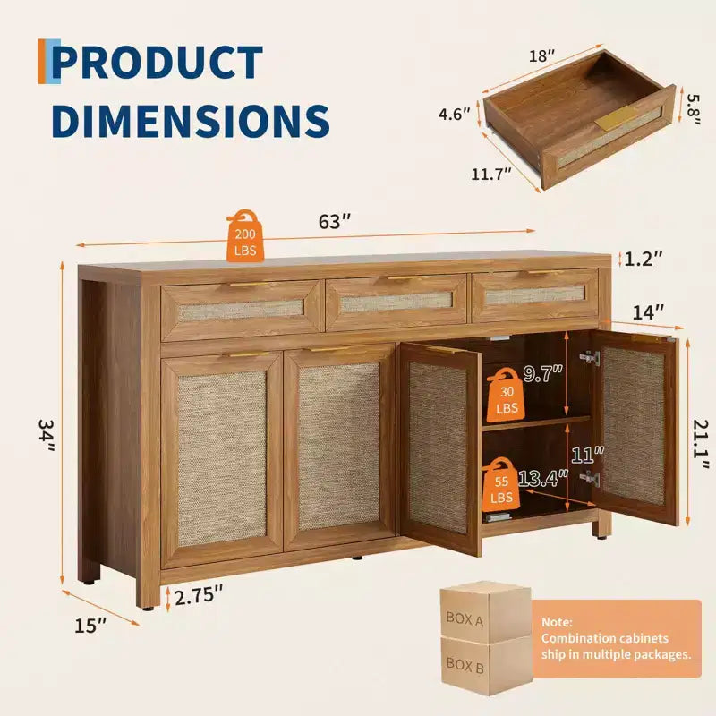 63 Sideboard Buffet Cabinet, Rattan Coffee Bar Cabinet with 3 Drawers, Wooden Media Console Table, Accent Credenza for Living Room Kitchen